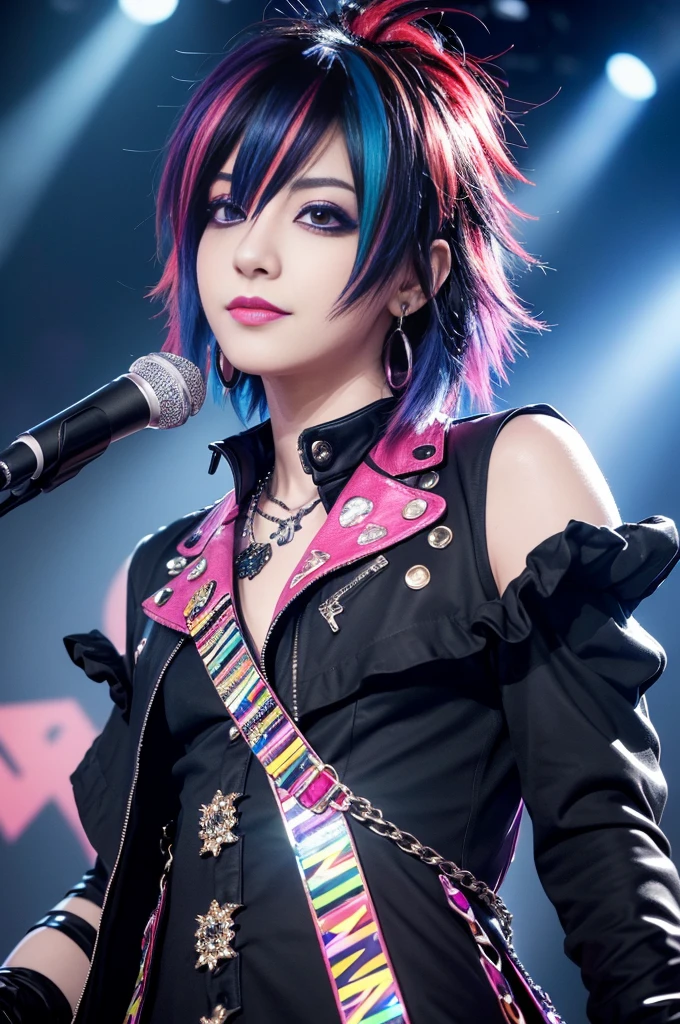(masterpiece:1.4), (best quality:1.4), ultra high res, ultra high resolution, ((ultra detailed facial features)), HDR, (realistic, photorealistic, photo-realistic:1.37), 1 man, full body Esbian, y Japanese male, (-anime), vivid colors, ((vivid colors multicolor (Visual Kei style very short hair))), (big smile), ultra detailed heavy eye-makeup, bold lip-color, long lashes, defined eyebrows, wearing large dramatic Visual Kei jewelery, wearing a Visual Kei cosplay, ((vivid Visual Kei outfit)), layered clothing, look at the camera, cinematic light, rockstar festival stage background with multicolor lights, sweet and sexose