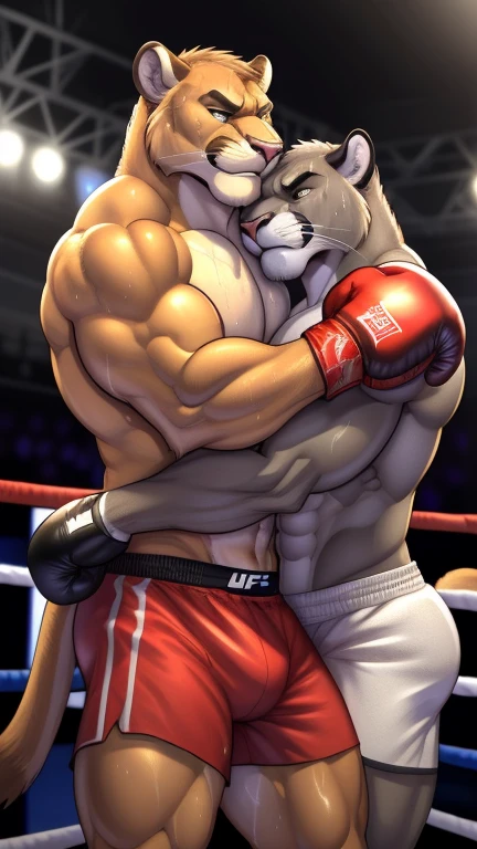Duo male(Brown Cougar vs Gray Cougar, handsomes, handsome hairstyle, tails, Thick eyebrows, detailed face), gay(Clinch embraced, Body with body, cuddling shoulders, on a boxing match), hot(Shirtless), handsomes(They are handsomes, correct anatomy), musculosos(Big muscle bodies, Six packs, muscle abs, big pecs, muscle backs, muscle legs), sweaty(very sweaty wet bodies, shiny sweat), tatuajes(they have tattoos), grumpy(Both have an grumpy expression, grumpy teeths, steaming breath), boxing gloves(They both are wearing boxing gloves), UFC boxers(they both are wearing ufc boxers), Hight resolution, by(Zourik:1.1)