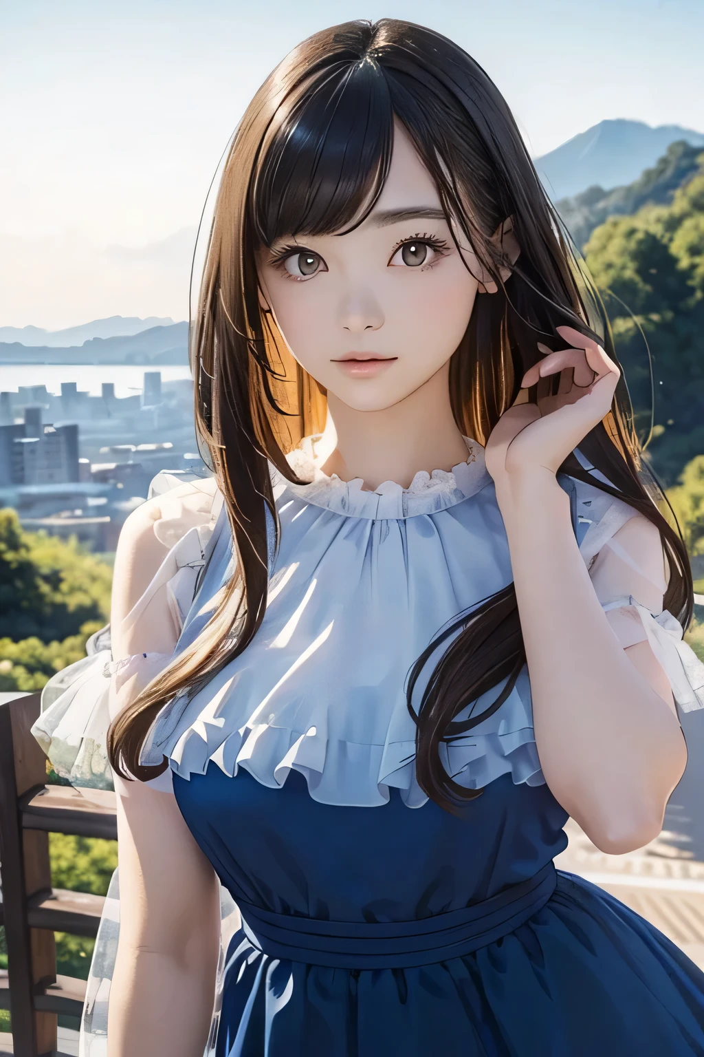 Highest quality、High resolution、Detailed Background、(Beautiful face in every detail:1.4)、Anatomically correct、(Normal number of fingers:1.2)、(Highly detailed face:1.2)、(Detailed eyes:1.2)、Beautiful women in their 20s、(Huge breasts:1.2)、Perfect body line、Light color hair、Braided bob cut、Braided long hair、Wavy Hairstyle、well-groomed eyebrows、Calm and elegant look、Mysterious atmosphere、Dreamy atmosphere、Do cute thingodel pose、
(A beautiful model with a popular spot in the background:1.5)、
Tulle dress、A tulle dress that lets you enjoy the sweetness of the season、Sports dress、Lined and jersey-style sporty-looking items are popular、Shoulder frill dress、A voluminous frilly dress、
Arashiyama bamboo forest and Togetsukyo Bridge、Walking trail along the valley、Lush mountain scenery、The best view point at Cape Zanpa is the blue sky and sea in the background.、Shooting at sunset time creates a fantastic atmosphere.、very beautiful