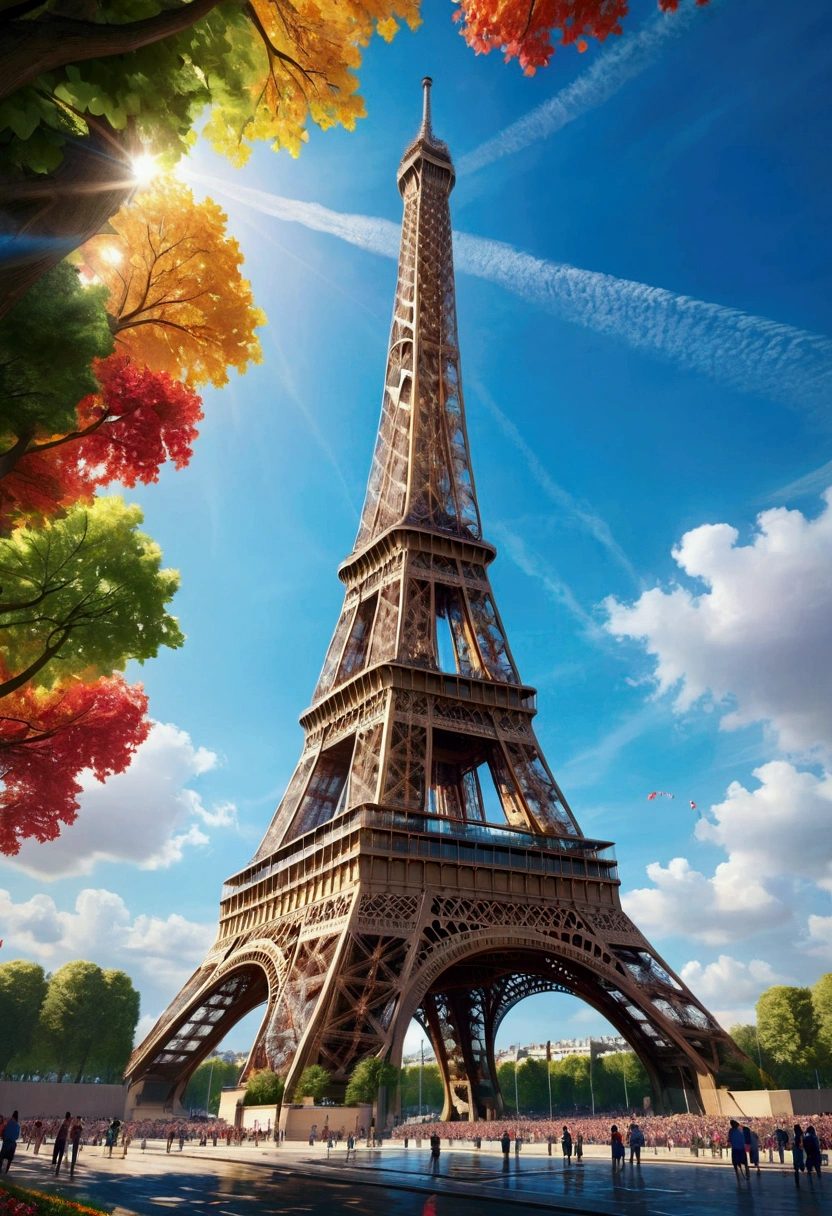 a majestic Eiffel Tower in Paris, summer Olympics, athletes competing, crowds cheering, iconic landmarks, dynamic sports scenes, vibrant colors, dramatic lighting, cinematic composition, hyperrealistic, 8k, highly detailed, photorealistic, masterpiece, best quality, very aesthetic, absurdres