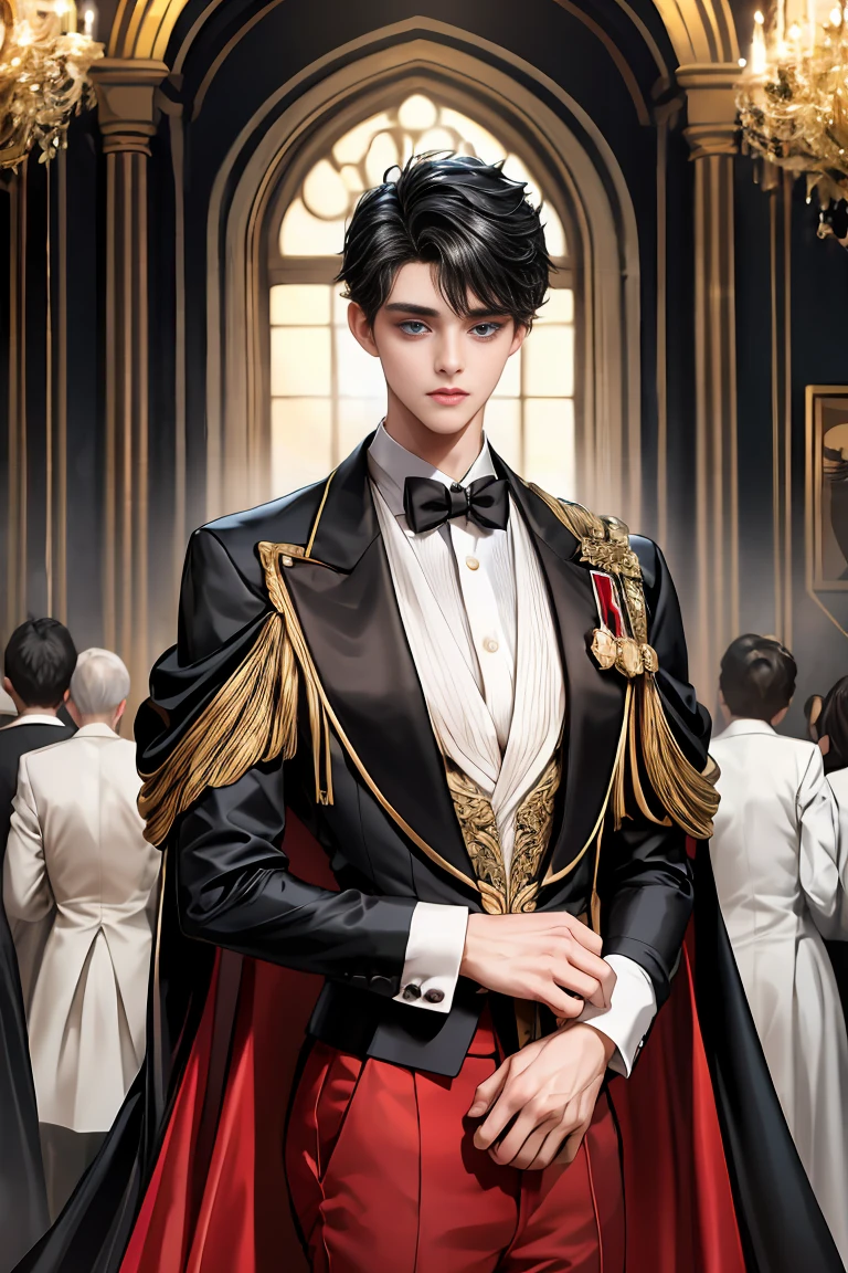 masterpiece, 最high quality, high quality, 1 boy, alone, Male focus, Watching the audience, Messy black hair, Adorable big blue eyes, White, Noble, Noble,A sexy, voluminous, puffy cape、tuxedo、A very voluminous, large, very large, very large, long, long red and black cape with a high stand-up collar, made of a lot of fabric that reaches down to the floor., 17 years old,Cute beautiful boys,Cute, cute, kind, handsome guy