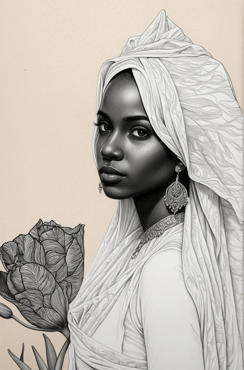 Portrait of a black African woman wearing an ornate veil, Muslim dressing, Islamic, defined black lines, 1 girl, standing alone, water, hugging tulips, simple background, White background, monochrome, arte linear, ((outline)),((high qualiy, work of art:1.4)), 1 girl, ((trunk)), portrait outline, messy drawing, messy coal stains, unfinished outline, outlinebook charcoal style drawing of a woman, outlinebook drawing, outlinebook, cute hair, medium short hair, beautiful face, symmetrical face, Symmetrical eyes, ((paper material background)), realistic coal lines, imperfect drawing, coal crumbs, coal lines, Imperfection, fading outline, sQueratogray Sketch (eddiemauro-mix)
