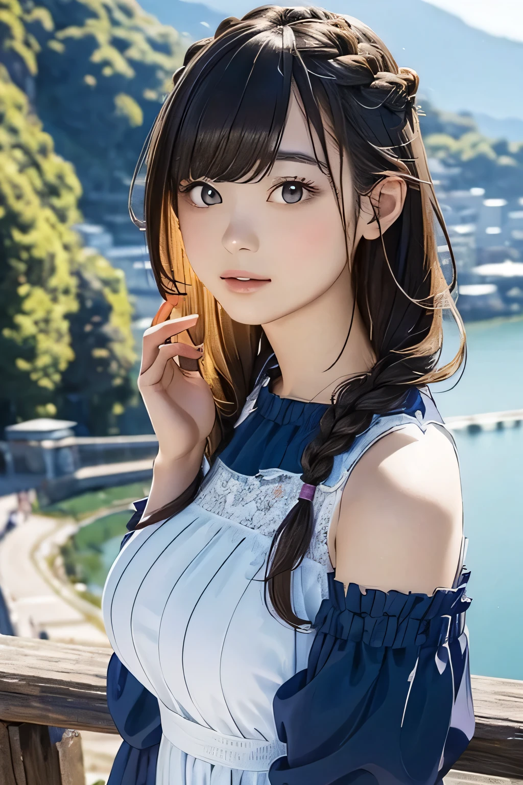 Highest quality、High resolution、Detailed Background、(Beautiful face in every detail:1.4)、Anatomically correct、(Normal number of fingers:1.2)、(Highly detailed face:1.2)、(Detailed eyes:1.2)、Beautiful women in their 20s、(Huge breasts:1.2)、Perfect body line、Light color hair、Braided bob cut、Braided long hair、Wavy Hairstyle、well-groomed eyebrows、Calm and elegant look、Mysterious atmosphere、Dreamy atmosphere、Do cute thingodel pose、

(A beautiful model with a popular spot in the background:1.5)、

Tulle dress、A tulle dress that lets you enjoy the sweetness of the season、Sports dress、Lined and jersey-style sporty-looking items are popular、Shoulder frill dress、A voluminous frilly dress、

Arashiyama bamboo forest and Togetsukyo Bridge、Walking trail along the valley、Lush mountain scenery、The best view point at Cape Zanpa is the blue sky and sea in the background.、Shooting at sunset time creates a fantastic atmosphere.、very beautiful