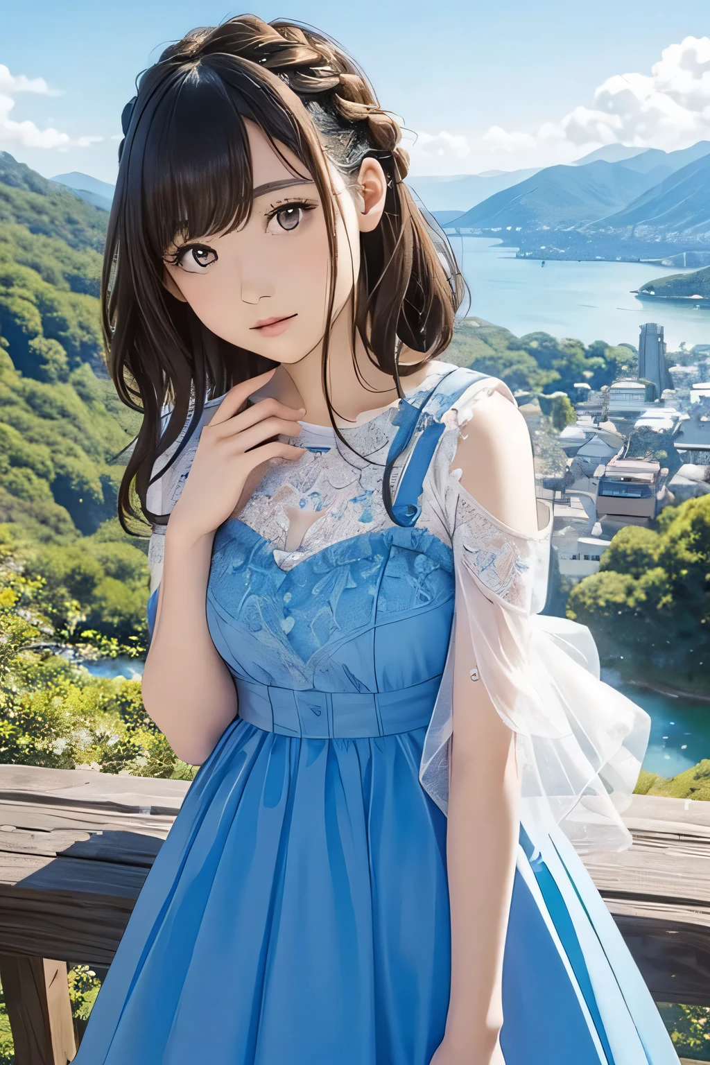 Highest quality、High resolution、Detailed Background、(Beautiful face in every detail:1.4)、Anatomically correct、(Normal number of fingers:1.2)、(Highly detailed face:1.2)、(Detailed eyes:1.2)、Beautiful women in their 20s、(Huge :1.2)、Perfect body line、Light color hair、Braided bob cut、Braided long hair、Wavy Hairstyle、well-groomed eyebrows、Calm and elegant look、Mysterious atmosphere、Dreamy atmosphere、Do cute thingodel pose、
(A beautiful model with a popular spot in the background:1.5)、
Tulle dress、A tulle dress that lets you enjoy the sweetness of the season、Sports dress、Lined and jersey-style sporty-looking items are popular、Shoulder frill dress、A voluminous frilly dress、
Arashiyama bamboo forest and Togetsukyo Bridge、Walking trail along the valley、Lush mountain scenery、The best view point at Cape Zanpa is the blue sky and sea in the background.、Shooting at sunset time creates a fantastic atmosphere.、very beautiful