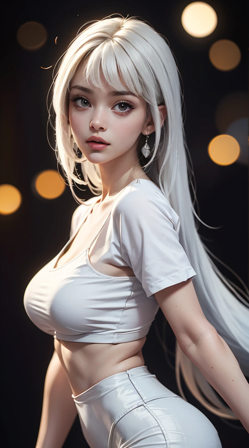 (1girl,tight underboob shirt,tight leggings,white hair,beautiful detailed eyes,beautiful detailed lips,extremely detailed face,longeyelashes,realistic,photorealistic,photo-realistic:1.37,best quality,4k,8k,highres,masterpiece:1.2,ultra-detailed,studio lighting,extreme detail description,professional,vivid colors,bokeh,portrait)