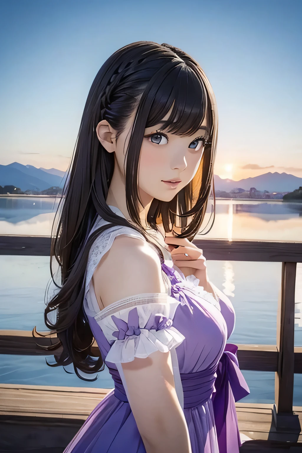 Highest quality、High resolution、Detailed Background、(Beautiful face in every detail:1.4)、Anatomically correct、(Normal number of fingers:1.2)、(Highly detailed face:1.2)、(Detailed eyes:1.2)、Beautiful women in their 20s、(Huge breasts:1.2)、Perfect body line、Light color hair、Braided bob cut、Braided long hair、Wavy Hairstyle、well-groomed eyebrows、Calm and elegant look、Mysterious atmosphere、Dreamy atmosphere、Do cute thingodel pose、
(A beautiful model with a popular spot in the background:1.5)、
Tulle dress、A tulle dress that lets you enjoy the sweetness of the season、Sports dress、Lined and jersey-style sporty-looking items are popular、Shoulder frill dress、A voluminous frilly dress、
The vast lavender fields of Furano、Shooting in a sea of purple lavender、Lake Kawaguchi with a view of Mt. Fuji、Lakeside walks and piers、Shooting on a promenade、Shooting at sunset time creates a fantastic atmosphere.、very beautiful
