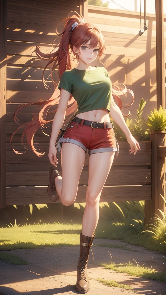 (extremely detailed CG unity 4k wallpaper),(masterpiece),(best quality),(ultra-detailed),(best illustration),(best shadow),(absurdres),(detailed background), Red long hair (Ponytail), green eyes, Daisy dukes, Smiling, Boots, Farm, standing, stand up, relaxed arms, full body overview, fullbody shot,
