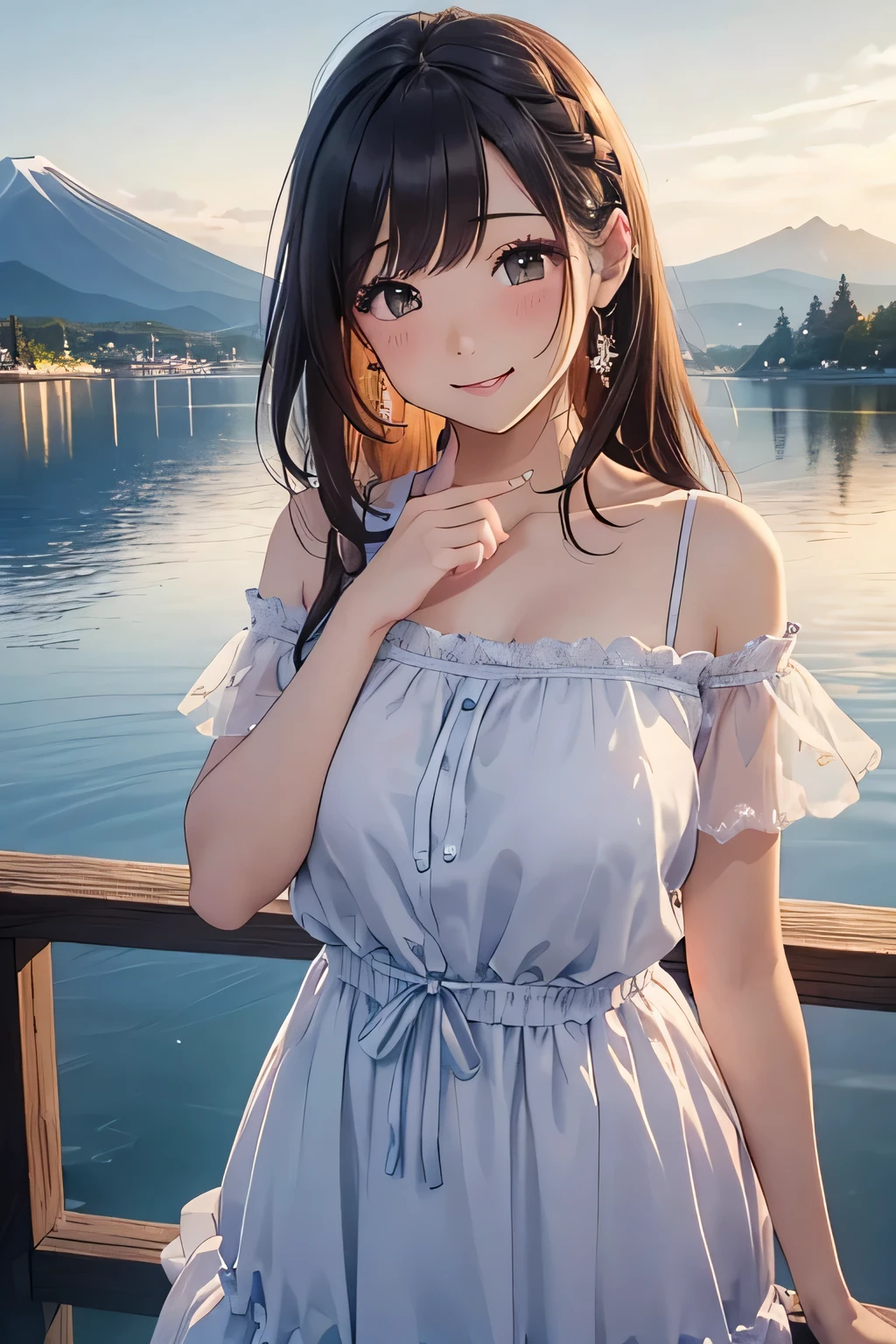 Highest quality、High resolution、Detailed Background、(Beautiful face in every detail:1.4)、Anatomically correct、(Normal number of fingers:1.2)、(Highly detailed face:1.2)、(Detailed eyes:1.2)、Beautiful women in their 20s、(Huge breasts:1.2)、Perfect body line、Light color hair、Braided bob cut、Braided long hair、Wavy Hairstyle、well-groomed eyebrows、Calm and elegant look、Mysterious atmosphere、Dreamy atmosphere、Do cute thingodel pose、A big smile、smile、Happy expression、

(A beautiful model with a popular spot in the background:1.5)、

Tulle dress、A tulle dress that lets you enjoy the sweetness of the season、Sports dress、Lined and jersey-style sporty-looking items are popular、Shoulder frill dress、A voluminous frilly dress、

Lake Kawaguchi with a view of Mt. Fuji、Lakeside walks and piers、Promenade etc.、Shooting at sunset time creates a fantastic atmosphere.、very beautiful
