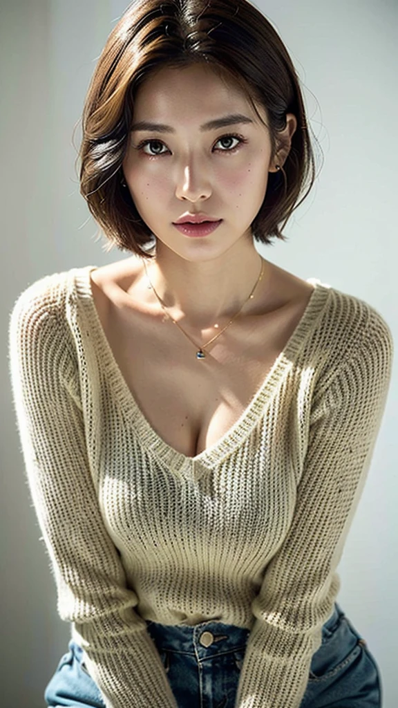 (Best quality, 8k, 32k, Masterpiece, UHD:1.2),Photo of Pretty Japanese woman, large breasts, very short bob hair,upper body,face focus,oversized_sweater, necklace, simple background, from above, looking at viewer,