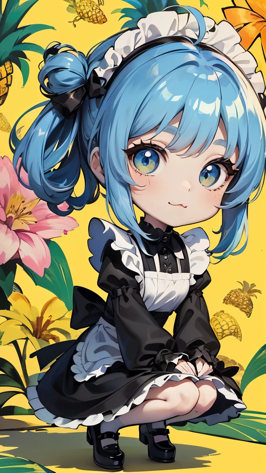 ((style:Colored pencil,pale colour)),(Chibi animation、One Chibi、masterpiece、Colored pencilで描かれた:1.2)、(Chibi Body、Small face、Cute all over、Light blue hair color, Short chignon hair:1.4),(Highly detailed eyes、Golden Eyes、Breast enlargement、Gloss Lip、 :3, Ahoge, Very thin legs)、(Big fresh pineapple:1.5)、(Maid、Gothic Lolita:1.5),(The wind is blowing、Hold your knees、Pineapple Wallpaper、Summer vacation、Highly detailed art gems:1.4)、(Cartoon character close-up, Stylized anime, かわいいアートstyle, Anime-style illustrations, 8k, Cute girl anime visuals)