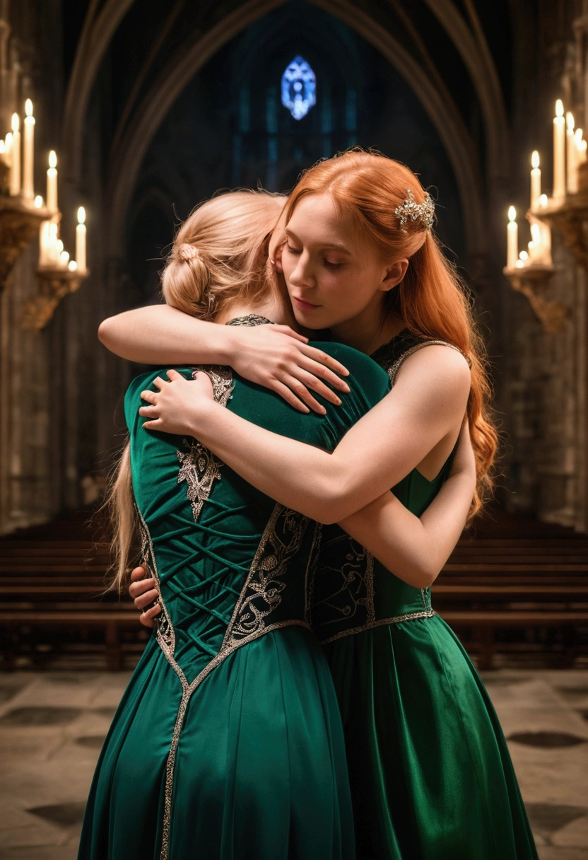 (Masterpiece, 8k, 16k, uhd, best quality, fantasy photography, epic imagination), 2girls from Norge (hugging, front to back:1.2) in a gothic cathedral, beautiful, tender, late at night, kissing, movie scene, cinematic lighting, emerald green dresses, very light pink dresses, blonde woman, redhead woman, , breasts