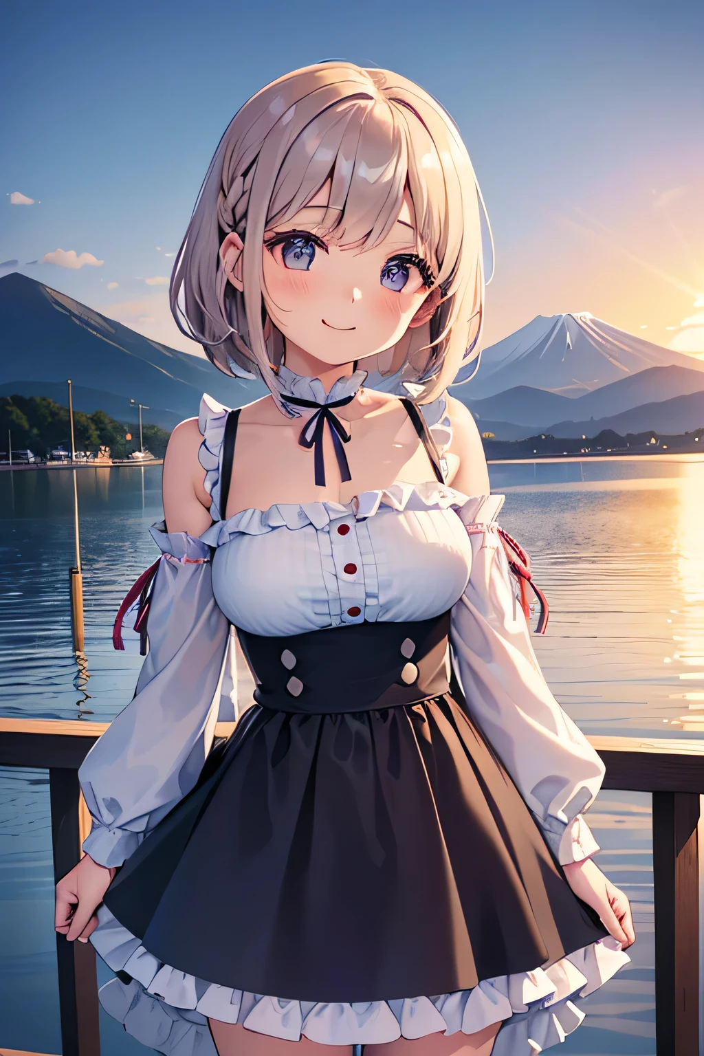 Highest quality、High resolution、Detailed Background、(Beautiful face in every detail:1.4)、Anatomically correct、(Normal number of fingers:1.2)、(Highly detailed face:1.2)、(Detailed eyes:1.2)、Beautiful women in their 20s、(Huge breasts:1.2)、Perfect body line、Light color hair、Braided bob cut、Braided long hair、Wavy Hairstyle、well-groomed eyebrows、Calm and elegant look、Mysterious atmosphere、Dreamy atmosphere、Do cute thingodel pose、A big smile、smile、Happy expression、
(A beautiful model with a popular spot in the background:1.5)、
Tulle dress、A tulle dress that lets you enjoy the sweetness of the season、Sports dress、Lined and jersey-style sporty-looking items are popular、Shoulder frill dress、A voluminous frilly dress、
Lake Kawaguchi with a view of Mt. Fuji、Lakeside walks and piers、Promenade etc.、Shooting at sunset time creates a fantastic atmosphere.、very beautiful