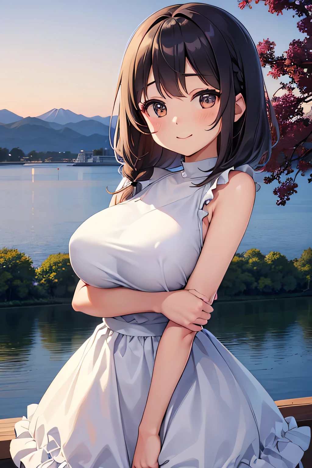 Highest quality、High resolution、Detailed Background、(Beautiful face in every detail:1.4)、Anatomically correct、(Normal number of fingers:1.2)、(Highly detailed face:1.2)、(Detailed eyes:1.2)、Beautiful women in their 20s、(Huge breasts:1.2)、Perfect body line、Light color hair、Braided bob cut、Braided long hair、Wavy Hairstyle、well-groomed eyebrows、Calm and elegant look、Mysterious atmosphere、Dreamy atmosphere、Do cute thingodel pose、A big smile、smile、Happy expression、
(A beautiful model with a popular spot in the background:1.5)、
Tulle dress、A tulle dress that lets you enjoy the sweetness of the season、Sports dress、Lined and jersey-style sporty-looking items are popular、Shoulder frill dress、A voluminous frilly dress、
Lake Kawaguchi with a view of Mt. Fuji、Lakeside walks and piers、Promenade etc.、Shooting at sunset time creates a fantastic atmosphere.、very beautiful