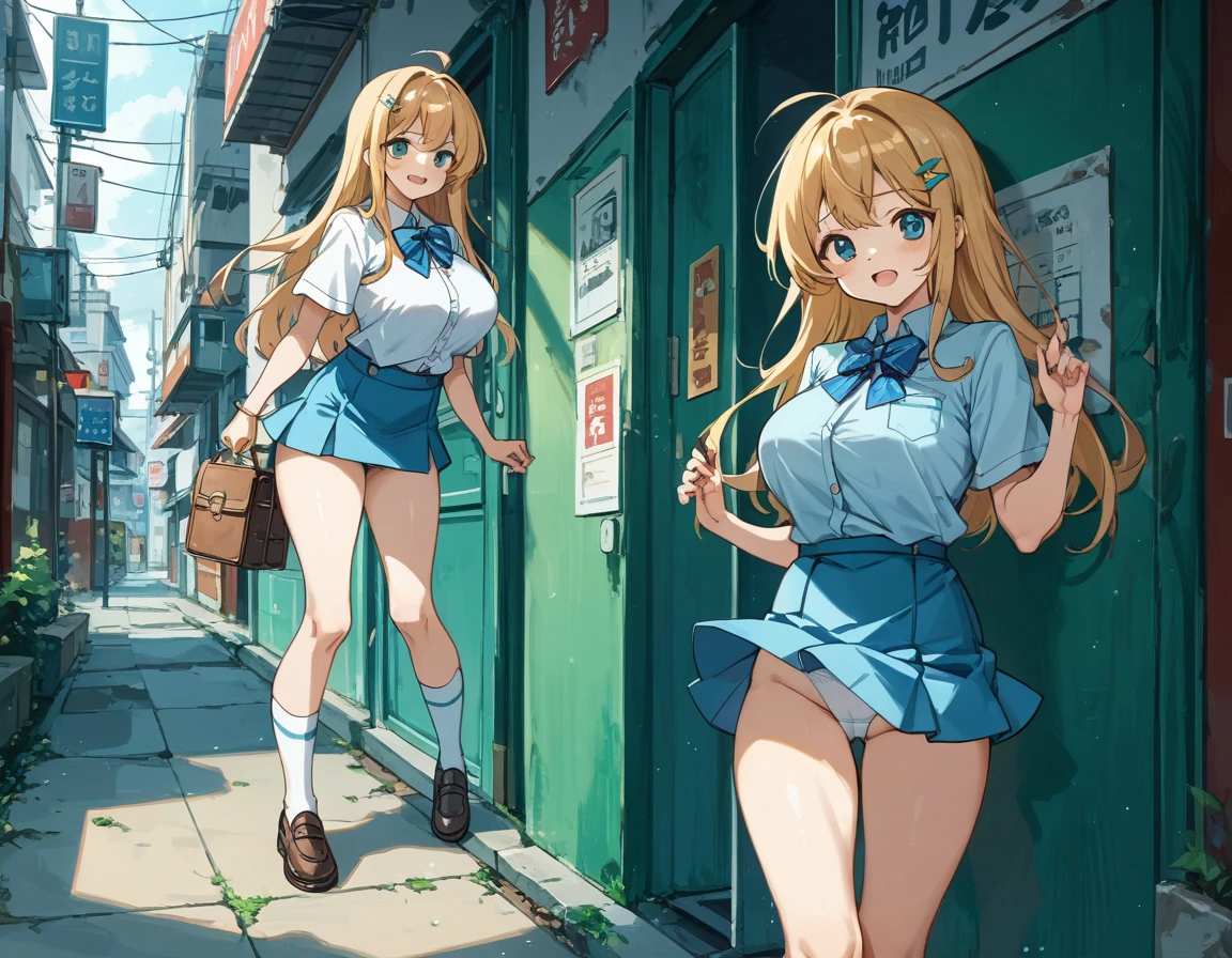 She lifts her skirt with her hands to show off her cute white underwear.、Showing off her cute white underwear、Big breasts and blue bra sticking through pure white shirt、Skirt flip、Blue flared mini skirt、Bare legs, white socks and leather shoes、Standing posture