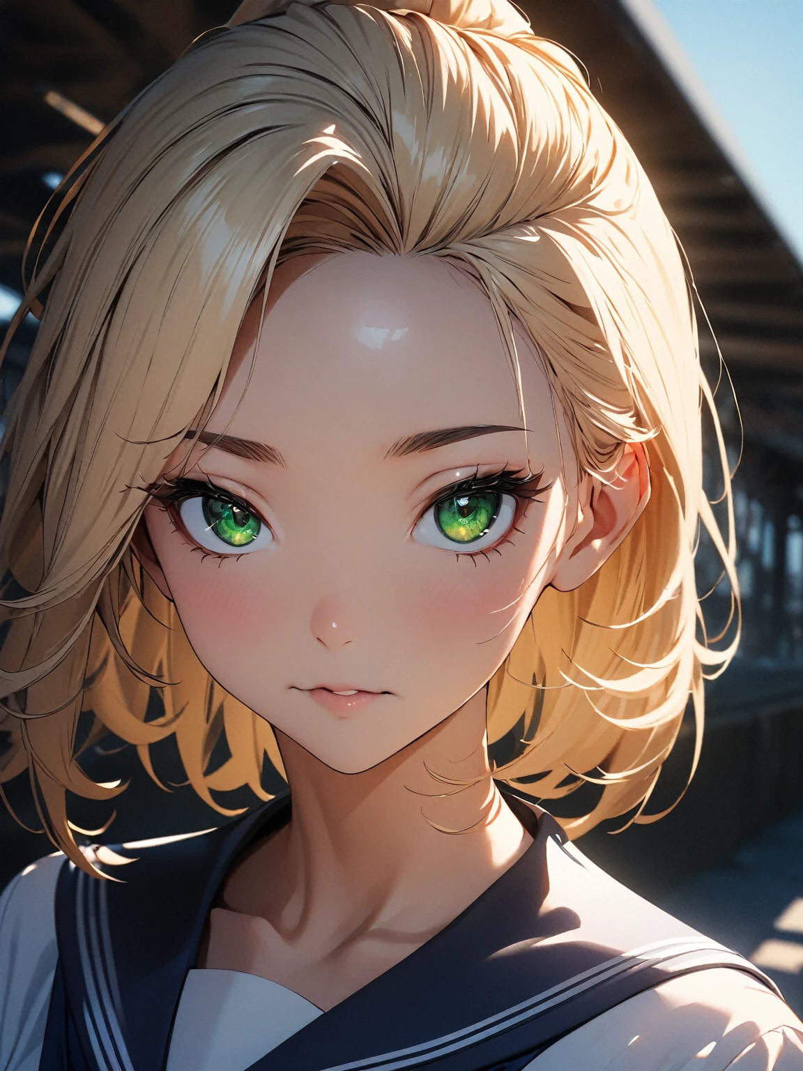 (high quality, 8k, 4K, High Contrast, masterpiece:1.2, highest quality, Best aesthetics), 1 Female, (Real skin texture:1.3), (Film Grain:1.3), One girl, Beautiful and detailed eyes and face, highest quality, close, blonde hair, green eyes, sailor suit, Hair pulled back