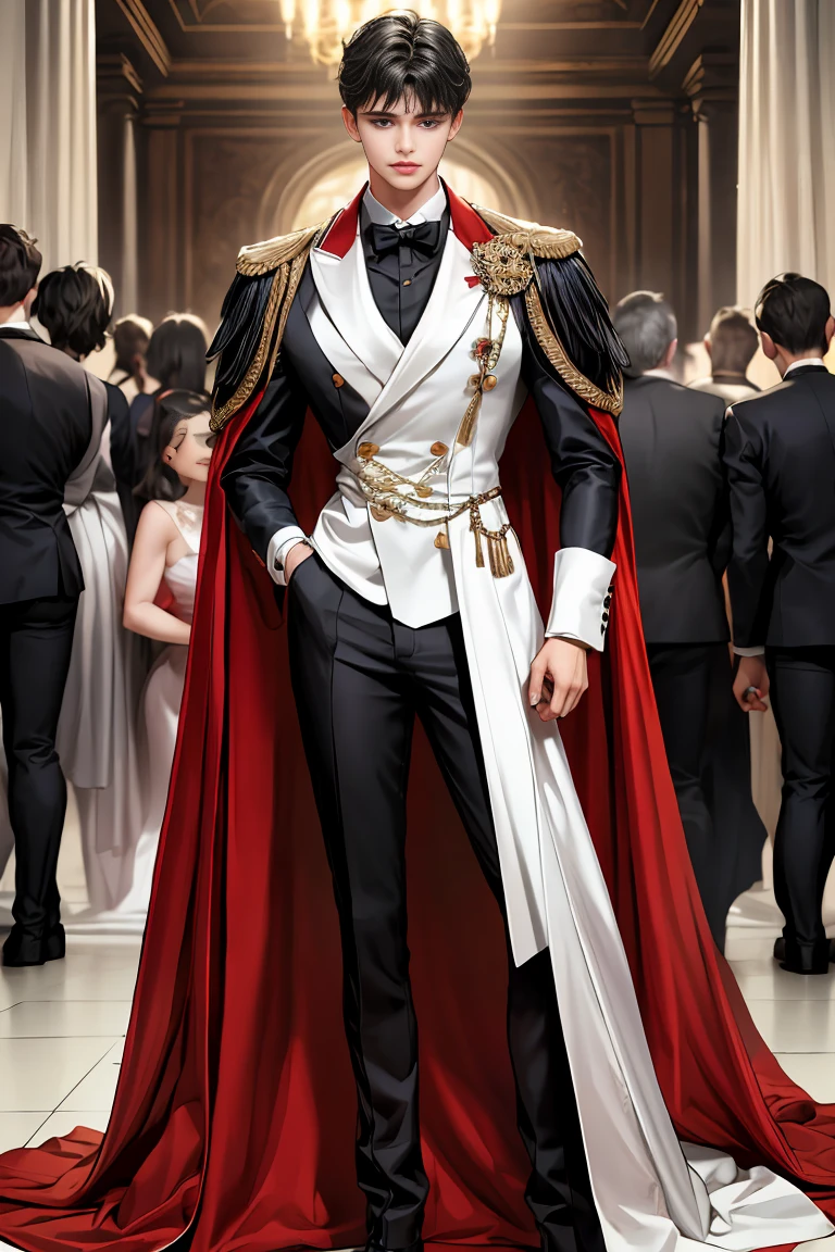 
masterpiece, 最high quality, high quality, 1 boy, alone, Male focus, Watching the audience,  Messy black hair, Adorable big blue eyes, White, Noble, Noble,A sexy, voluminous, puffy cape、tuxedo、A very voluminous, large, very large, very large, long, long red and black cape with a high stand-up collar, made of a lot of fabric that reaches down to the floor., 17 years old,Cute beautiful boys,Cute, cute, kind, handsome guy