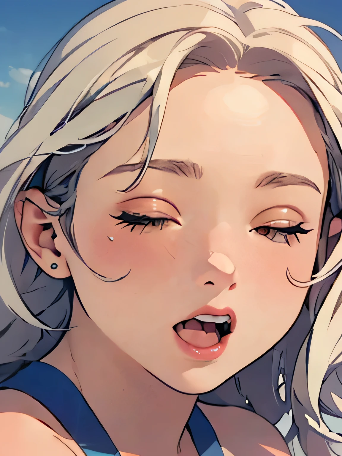 ((high quality colour line art)), (highly detailed), ((cute girl face)), necklace, (((sunny beach))), ((pale skin)), (((anatomically correct))), (long white hair), (((chubby))), (singing), ((close-up))