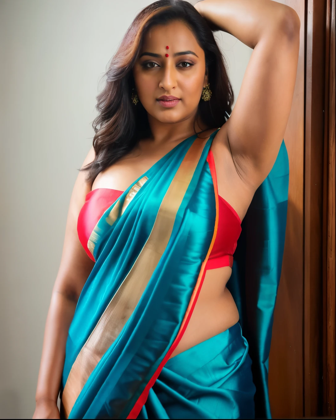 Foto RAW, photorealistic, photography, full body shot, 50 years old Woman, master shot, perfect eyes, goddess like beauty, pierced eyes, perfect thick chubby mallu Desi aunty bhabhi, Wearing a Stanapatta, a chest-band.Saree model, model Photography, Indian saree shoot, Indian traditional wear advertising photography, traditional wear brand shoot, face of Indian actress Sonakshi Sinha, masterpiece, realistic, realism, incredible details, pleasure, photorealism, detailed skin, skin pores, high contrast, photorealistic Artstation 8k HD digital art trend of high definition and detailed realistic skin texture, ultra detail, realistic skin texture, armature, best quality, ultra high definition, (photorealistic:1.4),, high resolution, detail, raw photo, sweat, Re sharp, by Lee Jefferies Nikon D850 Film Stock Photo 4 Kodak Portra 400 Camera F1.6 Lens Rich Color Ultra Real Realistic Realistic Textures Dramatic Lighting Unreal Engine Trending at Art Station Cinestill 800,(pele altamente detalhada: 1.2), 8k UHD, DSLR, soft-lighting, alta qualidade, grain of film, Fujifilm XT3,she didn't like to wear blouse or bra, she is happy to wear only saree, she hates blouse or bra, detailed hairy armpits, hyper realistic skin, skin pores, sweat, veins, short hairs on armpit, stubble armpits, hyper realistic hairy armpits, aesthetics, sensual, (wet, oil-lubricated),(sweaty),professional photograph, erotic fantasy, sensually appealing, seductress, lifelike texture,