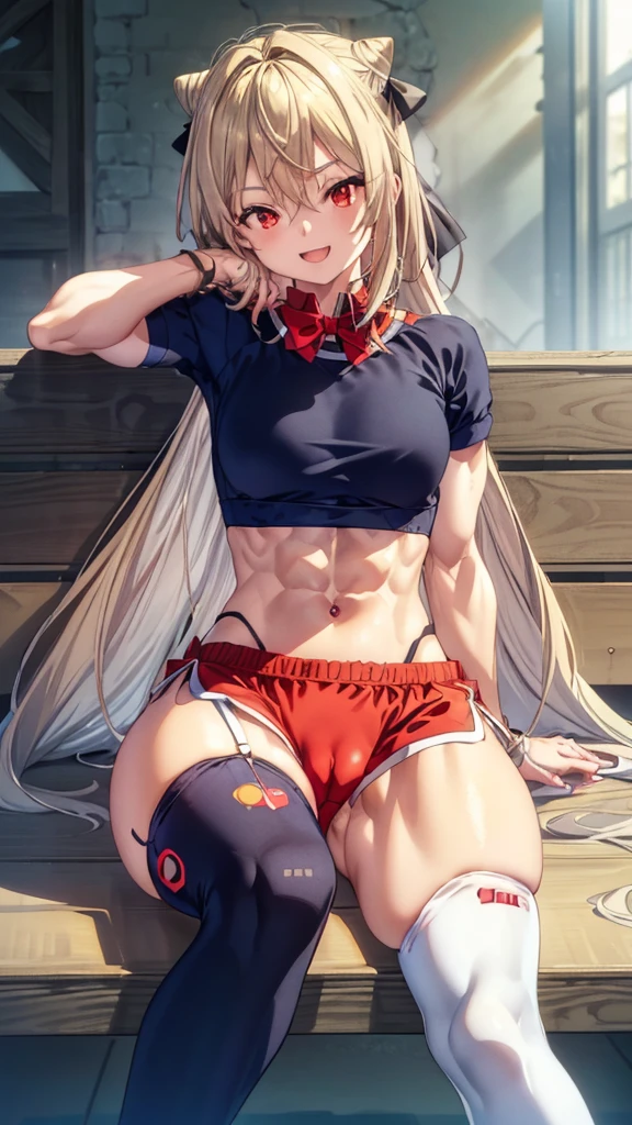 (((1 ta girl))), when he plows, (Red eyes: 1.5), blond hair, (blond hair: 1.1), by the wide, conical bun, hair ornament, hair shots, He drowned, Stripe, blue bow tie, (tight red workout top and shorts, ((red tight top and shorts)), white thighs, white thigh highs), has, (muscular belly), well muscled abs, Wide hips, Thin waist, small breasts, (((sentada resting his arm against his head))), wearing black heels, (((resting his arm against his head))), {{sitting spreading her legs showing her pussy squeezed by the shorts}}, ((showing tight pussy by short)), {{{Full body photo}}}, smile, happy, with eyes closed, smiling at viewer with open mouth, REST looking at the viewer , breaking and entering, sitting on a bench in a gym, {sitting on a bench in the gym}, interval (masterpiece: 1.2), Best Quality, highest resolution, unity wallpaper 8k, (illustration: 0.8), (beautiful detailed eyes: 1.6), extremely detailed face, perfect lighting, Extremely detailed CG, (perfect anatomy), {anatomically correct}, {{perfect hands, (correct hands)}.