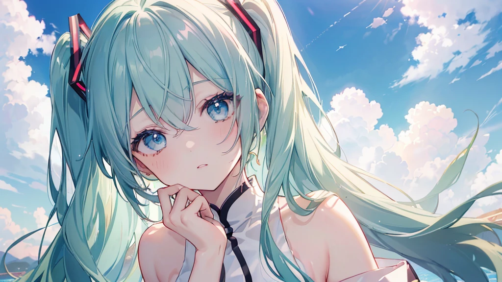 ((Highest quality、masterpiece、Ultra-fine、Ultra-fine、Green Hair,Exquisite、16K、Full HD、Asahi、Look up,Hatsune Miku,))), ((summer,Private Server,手で日差しを防ぎながらLook up)))Blue Eyes、Long eyelashes、White skin、(Pale pink lips、Pale pink cheeks、thin and long)、 (((cute)), ((One person)) 、(blue sky)) 、 (blue sky広がる暑い日差しの下 蝉の声が響く緑の木陰)、