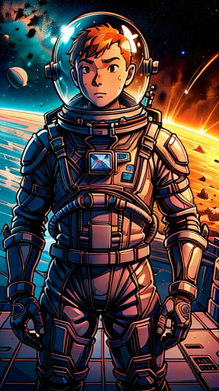 (Teens:1boy: Tintin), (extremely detailed CG unit 8k wallpaper),(master part), (best quality), (ultra detali), (best illustration),(((latex,skin tight,space helmet,helmet,astronaut))), cowboy shot, (Sharp eyeliner, ombre, detailed eyes:1),Dark space station indoors background, ,break , (astronaut in an orange space suit), upper body, short hair, orange hair