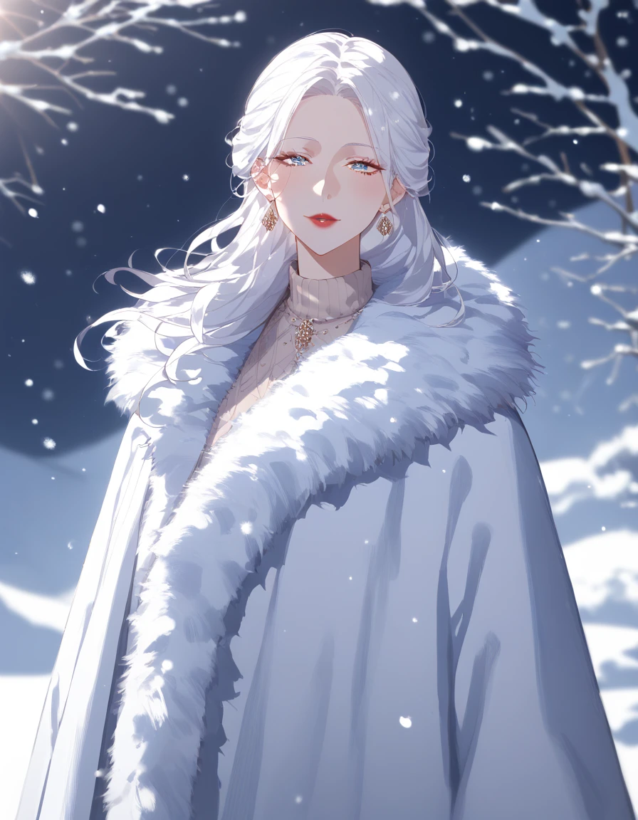 1girl, solo, long hair, mature female, milf, white hair, beautiful face, detailed, masterpiece, beateful eyes, best quality, ultra-high resolution, ultra-high definition, 8K, jewerly, (SuperQuality:1.0), fur winter coat, winter, snow, standing,