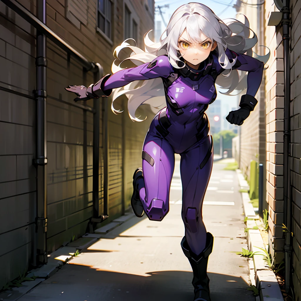 1female, Silver Hair, Purple Combat Suit, Wavy Hair, Black Gloves, Combat Boots, Yellow Eyes, Serious Expression, Lean, High Ranker, Adult Female, City, Running through an Alley