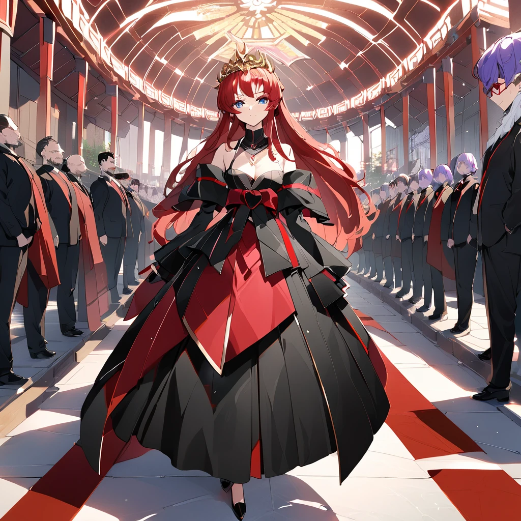 ((Highest quality)), ((masterpiece)), (detailed), （Perfect Face）、The woman is Lacus Clyne, the wife of the leader of the evil god cult, the saint of darkness, and the shrine maiden of the evil god. She has blue eyes, pink semi-long hair, and a hair ornament, and is a gorgeous and delicately detailed disaster.々She is wearing a beautiful black evil god shrine maiden outfit, an evil god necklace and other evil accessories, a gorgeous evil god head chain tiara, and an engagement ring.、The woman is the wife of a middle-aged, bearded cult leader who is revered by a mysterious cult of evil gods.、He is standing at the altar of the Evil God Cult with a mysterious cult leader dressed in luxurious cult leader clothing.