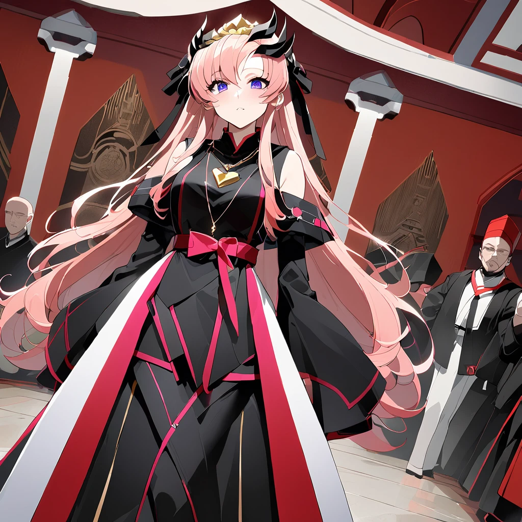 ((Highest quality)), ((masterpiece)), (detailed), (Perfect Face)、The woman is Lacus Clyne, the wife of the leader of the evil god cult, the saint of darkness, and the shrine maiden of the evil god. She has blue eyes, pink semi-long hair, and a hair ornament, and is a gorgeous and delicately detailed disaster.々She is wearing a beautiful black evil god shrine maiden outfit, an evil god necklace and other evil accessories, a gorgeous evil god head chain tiara, and an engagement ring.、The woman is the wife of a middle-aged, bearded cult leader who is revered by a mysterious cult of evil gods.、He is standing at the altar of the Evil God Cult with a mysterious cult leader dressed in luxurious cult leader clothing.