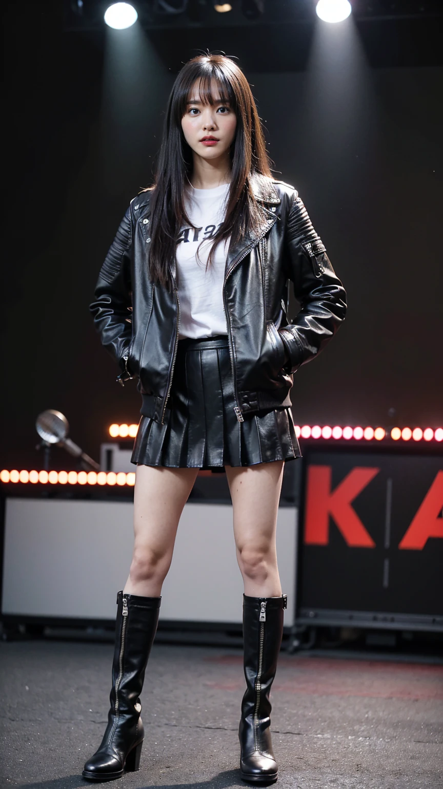 (8k、RAW Photos、Highest quality、masterpiece:1.2)、(Realistic、Realistic)、1 Girl、((Black Leather Jacket、mini skirt、Dark Stage、Exposed Skin、Frilledium Hair、whole body、boots、View from the front、Looking at the camera、Stand with hands on hips))、cute