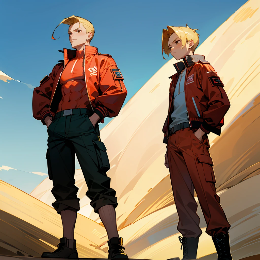 1male, Blonde Hair, Red Bomber Jacket, Slick Back Hair, Grey Cargo Pants, Combat Boots, Brown Eyes, Determined Expression, Muscular, Irregular, Young Male, Desert, Standing on a Dune