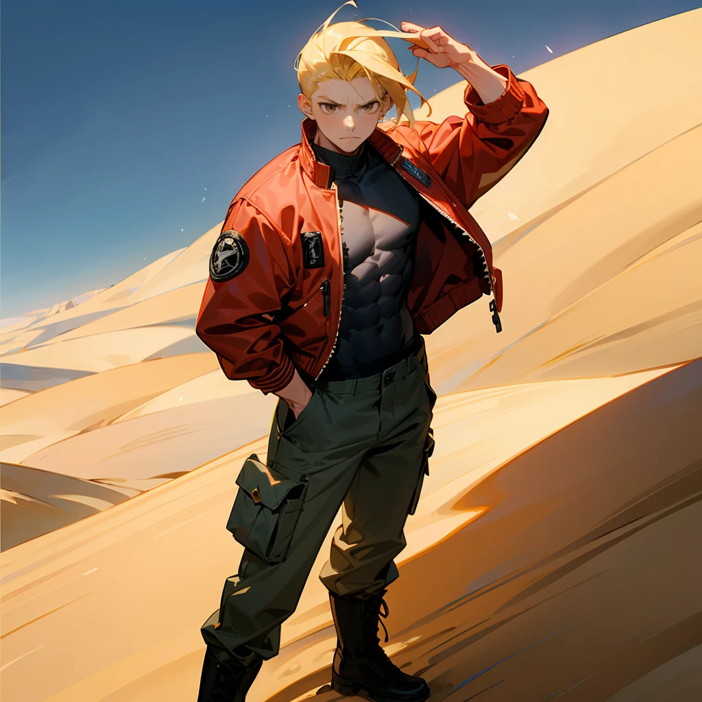 1male, Blonde Hair, Red Bomber Jacket, Slick Back Hair, Grey Cargo Pants, Combat Boots, Brown Eyes, Determined Expression, Muscular, Irregular, Young Male, Desert, Standing on a Dune