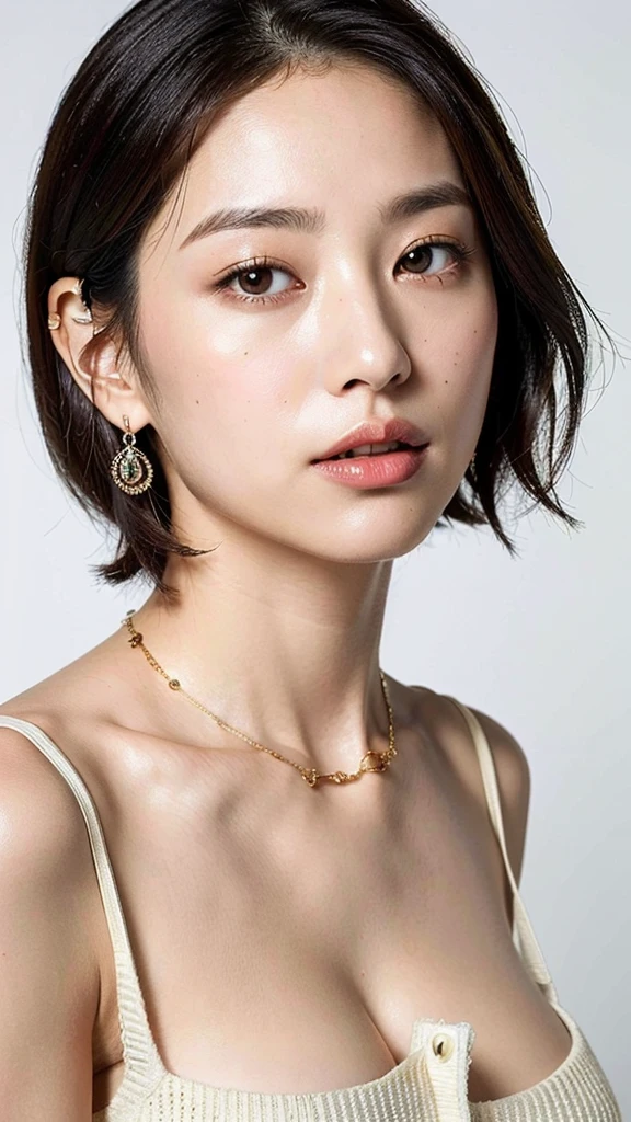 (Highest quality, 8k, 32K, masterpiece, Ultra-high resolution:1.2),Beautiful Japanese Women Photos, Large Breasts, Very short bob hair,Upper Body,Face Focus,Extra Large_sweater, necklace, Simple Background, From above, View your viewers,Illuminated from the front
、Earrings