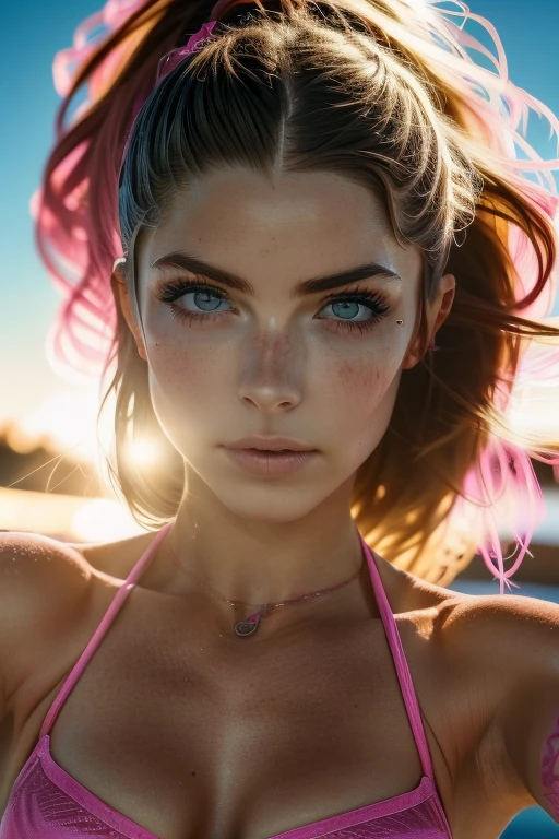 beautiful woman, perfect body, defined, corriendo pista de atletismo, ropa deportiva, sexy, Play of light, ((ojos y cara perfecta))(((pay maximum attention to the details of the skin))), ((ultradefinicion de ojos y manos))