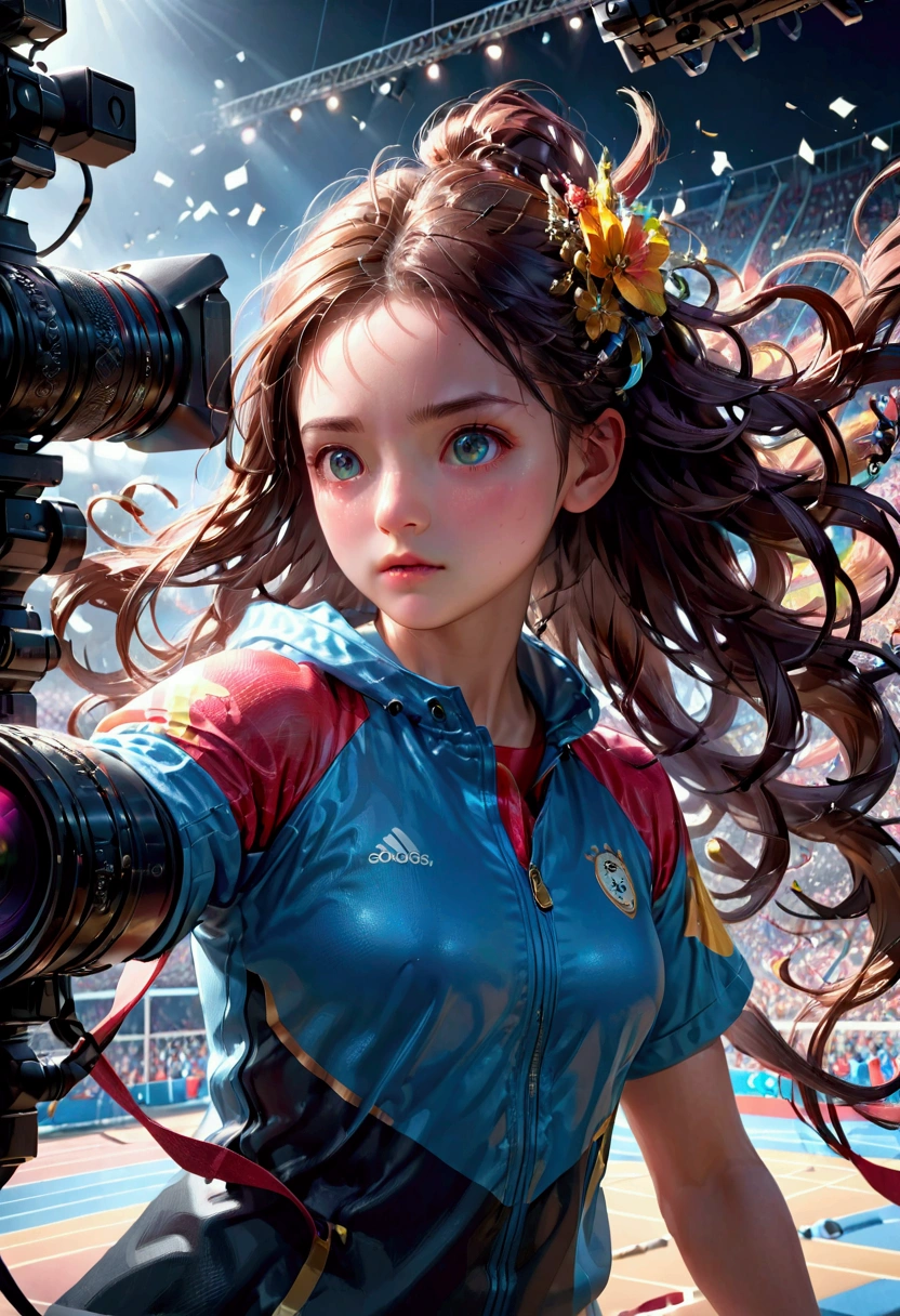1girl, a cinematic epic scene of the Olympic Games, beautiful detailed eyes, beautiful detailed lips, extremely detailed face and expression, intricate sports equipment, vibrant colorful lighting, dramatic camera angle, studio lighting, hyperrealistic, 8k, photorealistic, award-winning photography, visually stunning, cinematic composition, masterpiece, best quality, very aesthetic, absurdres