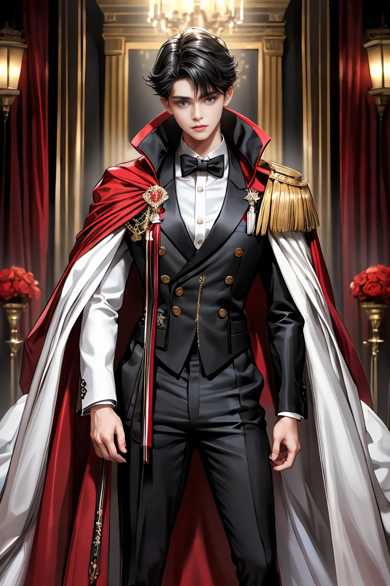 masterpiece, 最high quality, high quality, 1 boy, alone, Male focus, Watching the audience, Messy black hair, Adorable big blue eyes, White, Noble, Noble,A sexy, voluminous, puffy cape、tuxedo、A very voluminous, large, very large, very large, long, long red and black cape with a high stand-up collar, made of a lot of fabric that reaches down to the floor., 17 years old,Cute beautiful boys,Cute, cute, kind, handsome guy