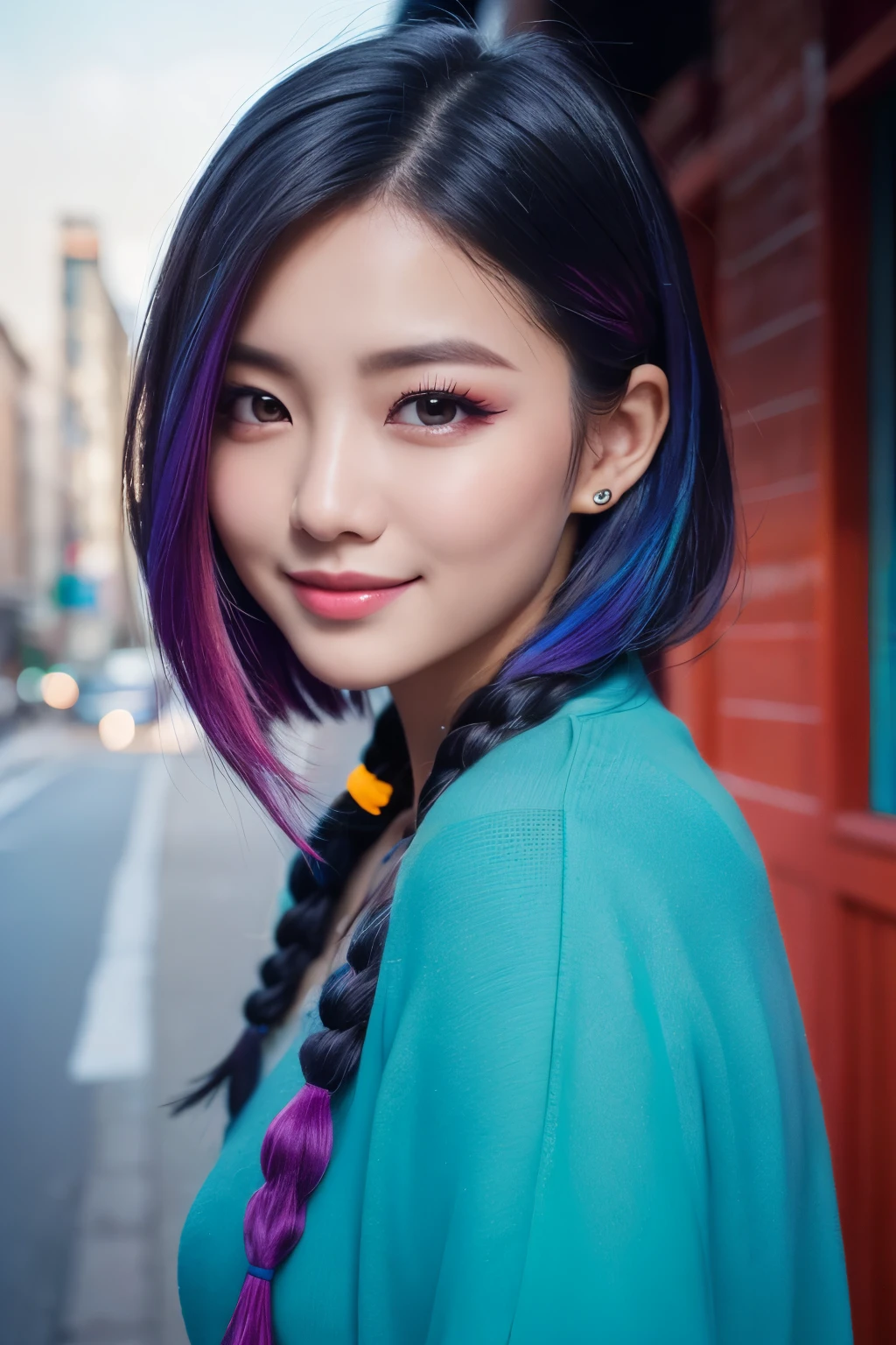 (smile,closed mouth)、high quality, real、High resolution, Realistic、8k、masterpiece, detailed.impressive, Cutting-edge female photography portraits,Showcasing a bold and daring street-art style.Looking at the camera、Facing forward、cyan, and purple, Her vibrant makeup really catches the eye.. Her colorful hair is tied up high, 