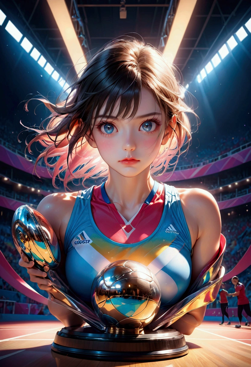 1girl, a cinematic epic scene of the Olympic Games, beautiful detailed eyes, beautiful detailed lips, extremely detailed face and expression, intricate sports equipment, vibrant colorful lighting, dramatic camera angle, studio lighting, hyperrealistic, 8k, photorealistic, award-winning photography, visually stunning, cinematic composition, masterpiece, best quality, very aesthetic, absurdres