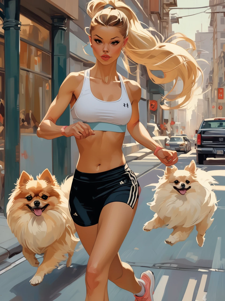 Sexy athlete in sport bra, ponytail, running with a Pomeranian on the street. Style by J.C. Leyendecker