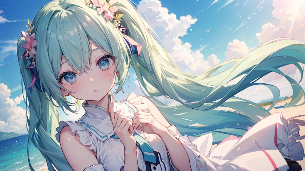 ((Highest quality、masterpiece、Ultra-fine、Ultra-fine、Green Hair,Exquisite、16K、Full HD、Asahi、Top-down angle,Hatsune Miku,))), ((summer,Private Server,Looking up while blocking the sunlight with your hands)))Blue Eyes、Long eyelashes、White skin、(Pale pink lips、Pale pink cheeks、thin and long)、 (((cute)), ((One person)) 、(blue sky)) 、 (blue sky広がる暑い日差しの下 蝉の声が響く緑の木陰)、