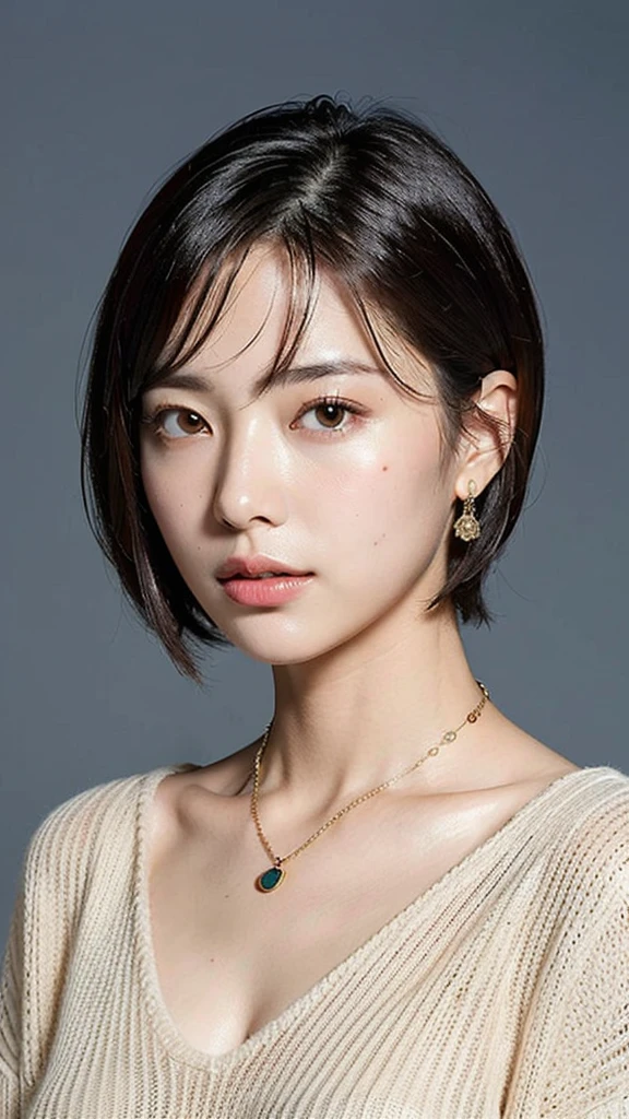 (Highest quality, 8k, 32K, masterpiece, Ultra-high resolution:1.2),Beautiful Japanese Women Photos, Large Breasts, Very short bob hair,Upper Body,Face Focus,Extra Large_sweater, necklace, Simple Background, From above, View your viewers,Illuminated from the front
、Earrings
