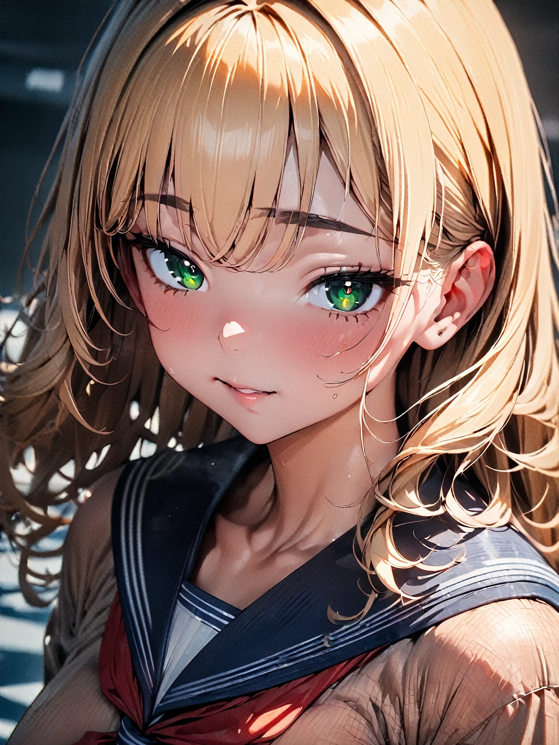 (high quality, 8k, 4K, masterpiece:1.2, highest quality, Best aesthetics), 1 Female, (Real skin texture:1.3), (Film Grain:1.3), One girl, Beautiful and detailed eyes and face, highest quality, blonde hair, green eyes, sailor suit