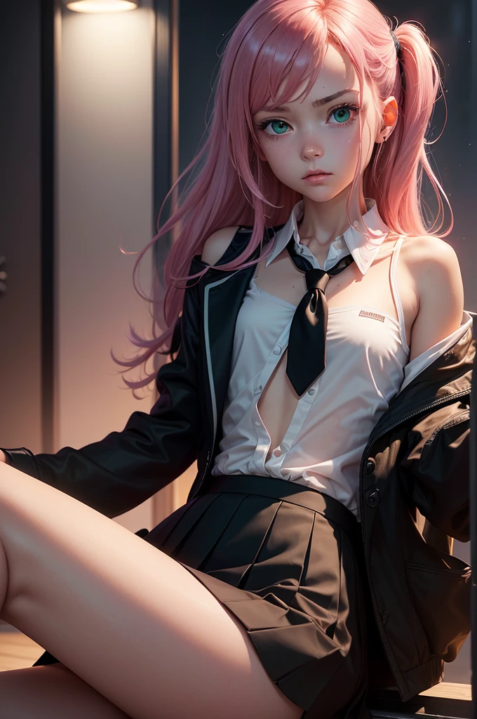 (masterpiece), (best quality), (high res), ((((Solo)))), (perfect anatomy), (young girl (), fair skin, pink hair (shoulder length), green eyes, (school uniform), white shirt, red tie, black jacket, black skirt, tired, (((flat chest))), in a futuristic setting with a green light, annoyed, cyberpunk, (drinking water), best anime 4k, cybersuits, in her school, (at night), (night), ((((alone))))