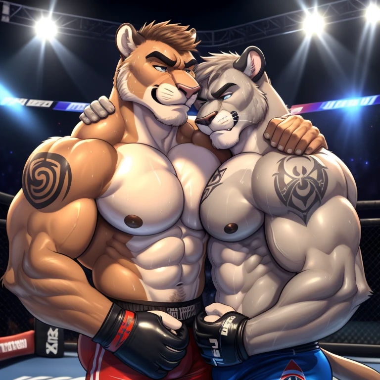 Duo male(Sandy Cougar vs Gray Cougar, handsomes, handsome hairstyle, tails, Thick eyebrows, detailed face), gay(Clinch embraced, Body with body, cuddling shoulders, on a UFC match), hot(Shirtless), handsomes(They are handsomes, correct anatomy), musculosos(Big muscle bodies, Six packs, muscle abs, big pecs, muscle backs, muscle legs), sweaty(very sweaty wet bodies, shiny sweat), tatuajes(they have tattoos), grumpy(Both have an grumpy expression, grumpy teeths, steaming breath), UFC gloves(They both are wearing UFC gloves), UFC boxers(they both are wearing ufc boxers), Hight resolution, by(Zourik:1.1)