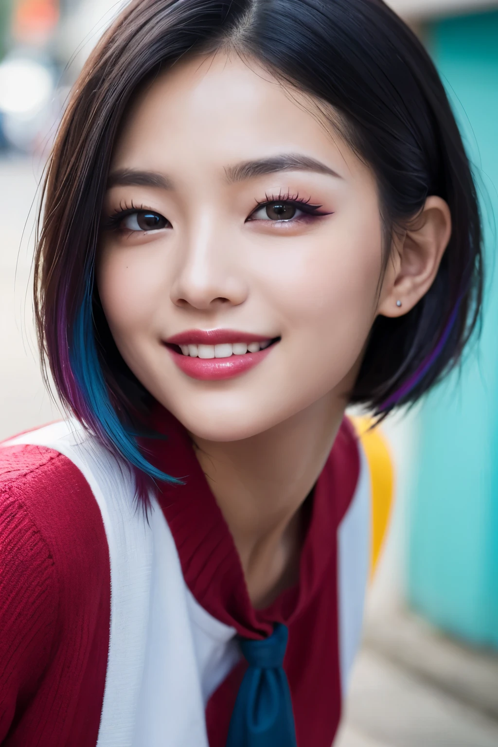 (smile,closed mouth)、high quality, real、High resolution, Realistic、8k、masterpiece, detailed.impressive, Cutting-edge female photography portraits,Showcasing a bold and daring street-art style.Looking at the camera、Facing forward、cyan, and purple, Her vibrant makeup really catches the eye.. Her colorful hair is tied up high,