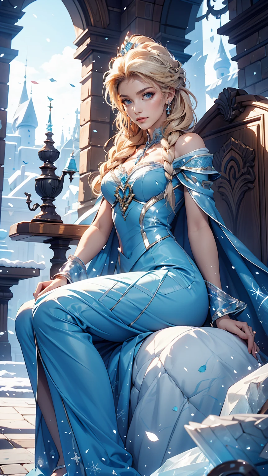 Disney「freeze」、Elsa、Sitting on the ice throne in the ice castle、rest for a bit'jaw on one'jaw、Smile、Cross your legs, Bare legs, Barefoot,