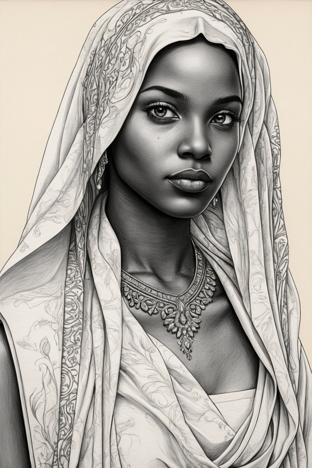 Portrait of a black African woman wearing an ornate veil, Muslim dressing, Islamic, defined black lines, 1 girl, standing alone, water, hugging tulips, simple background, White background, monochrome, arte linear, ((outline)),((high qualiy, work of art:1.4)), 1 girl, ((trunk)), portrait outline, messy drawing, messy coal stains, unfinished outline, outlinebook charcoal style drawing of a woman, outlinebook drawing, outlinebook, cute hair, medium short hair, beautiful face, symmetrical face, Symmetrical eyes, ((paper material background)), realistic coal lines, imperfect drawing, coal crumbs, coal lines, Imperfection, fading outline, sQueratogray Sketch (eddiemauro-mix)