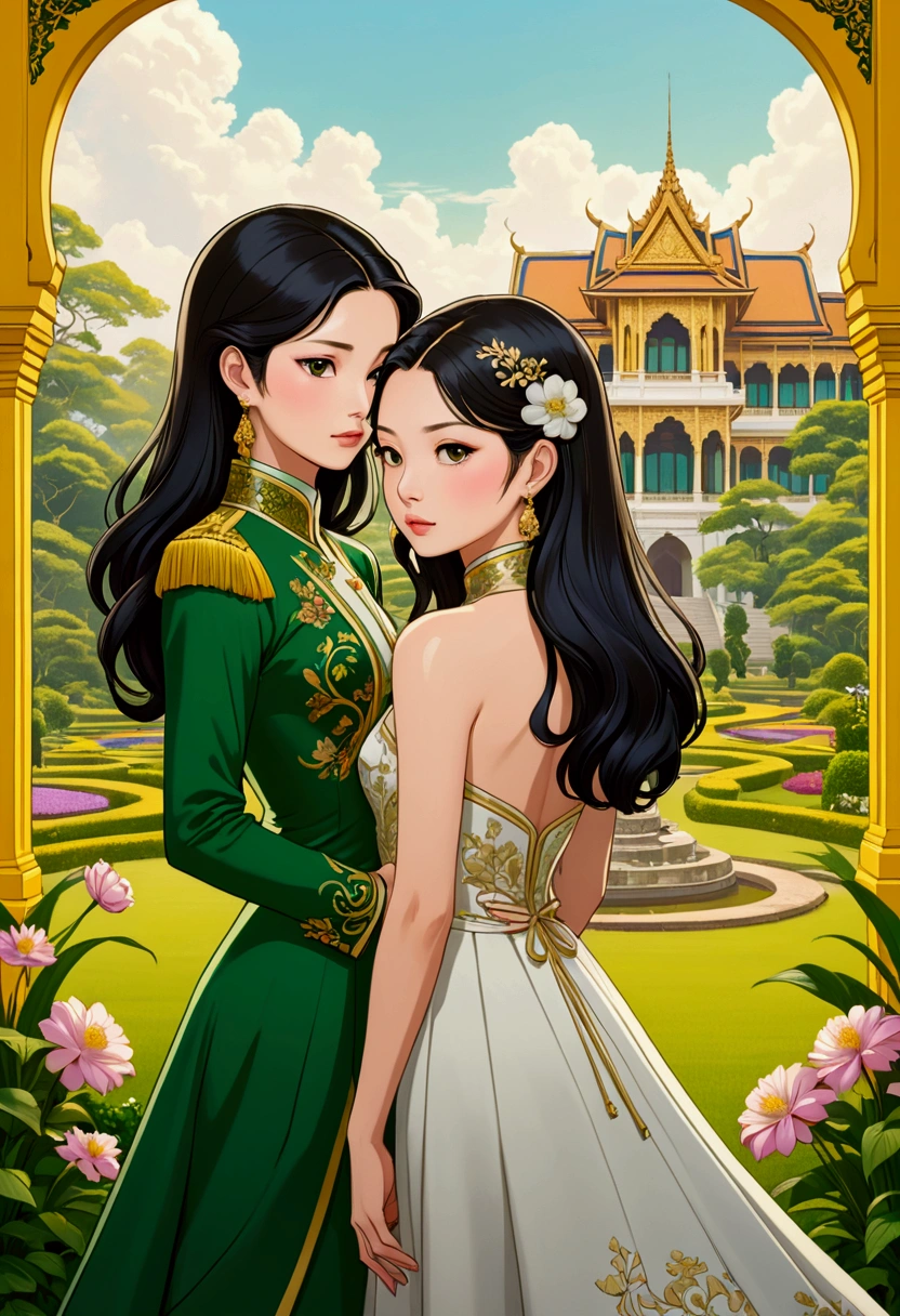 Name "The Loyal Pin (Freen Sarocha & Becky Armstrong)" in an elegant and dynamic 3D font in metallic silver, to an image of two beautiful women in love but very sad standing back to back, each looking away, in style anime illustration, one is a beautiful young white Asian woman, dressed as a high society lady, with long black hair and beautiful features, the other is a British princess with light brown, semi-long hair and beautiful, sad features surrounded by a sad landscape of a flower garden and a majestic palace with yellow walls and beautiful green Thai style carved windows. The image gives intimacy and radiates a deep sadness for the Goodbye and the separation that is approaching.