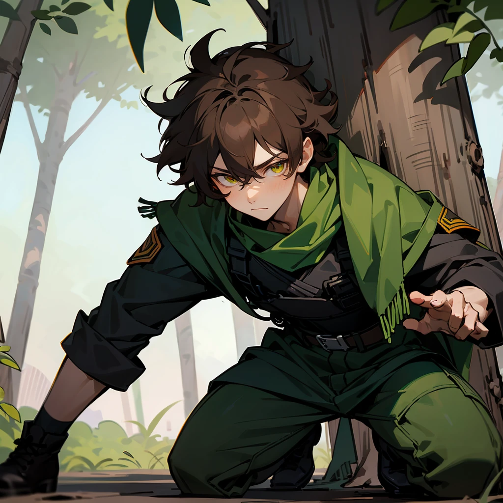 1male, Brown Hair, Black Tactical Gear, Messy Hair, Green Scarf, Combat Boots, Amber Eyes, Calm Expression, Tall, Scout, Adult Male, Jungle, Hiding in the Trees