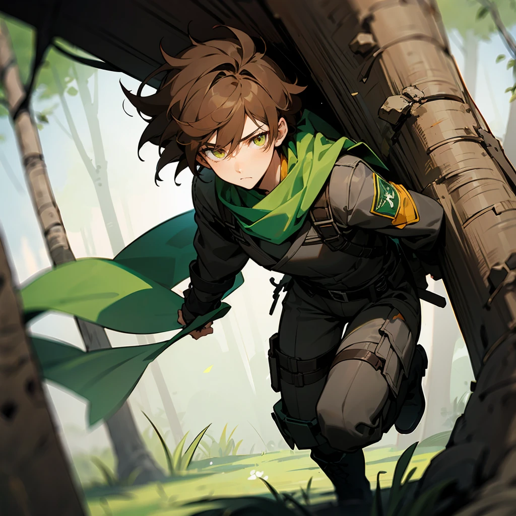 1male, Brown Hair, Black Tactical Gear, Messy Hair, Green Scarf, Combat Boots, Amber Eyes, Calm Expression, Tall, Scout, Adult Male, Jungle, Hiding in the Trees